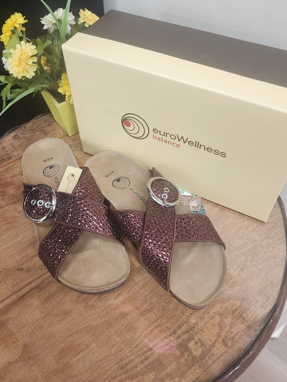 Women's Shimmery Bronze Crossover Sandals with Buckle